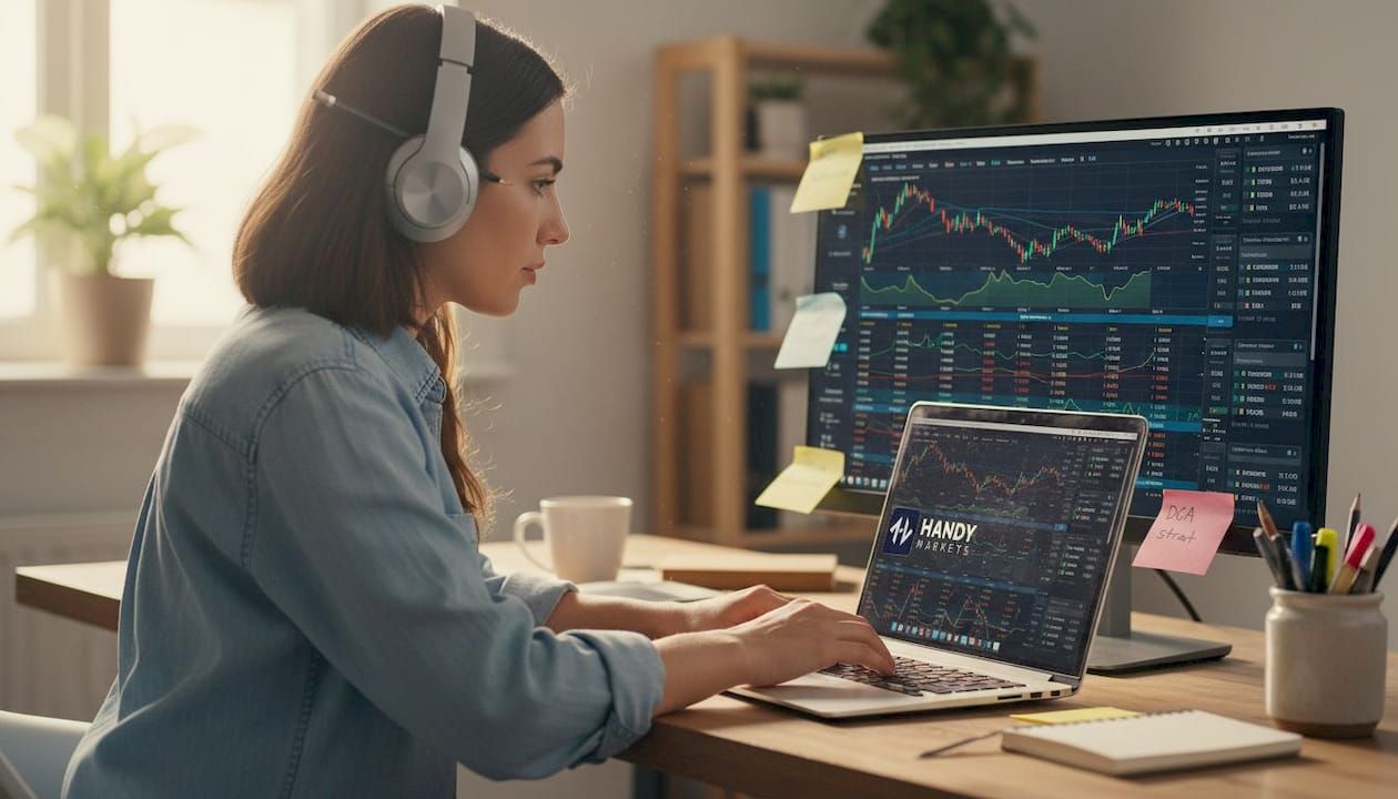 Woman entering grid trading orders at home desk
