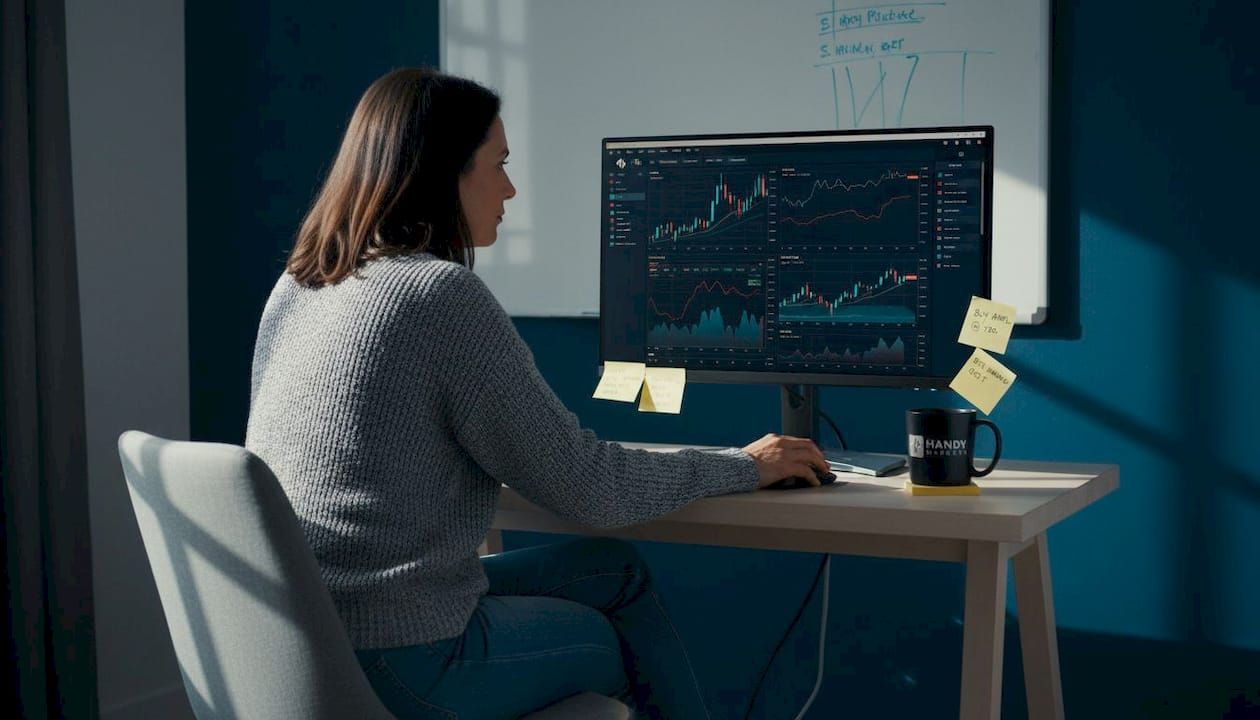 Woman monitoring market charts at home office