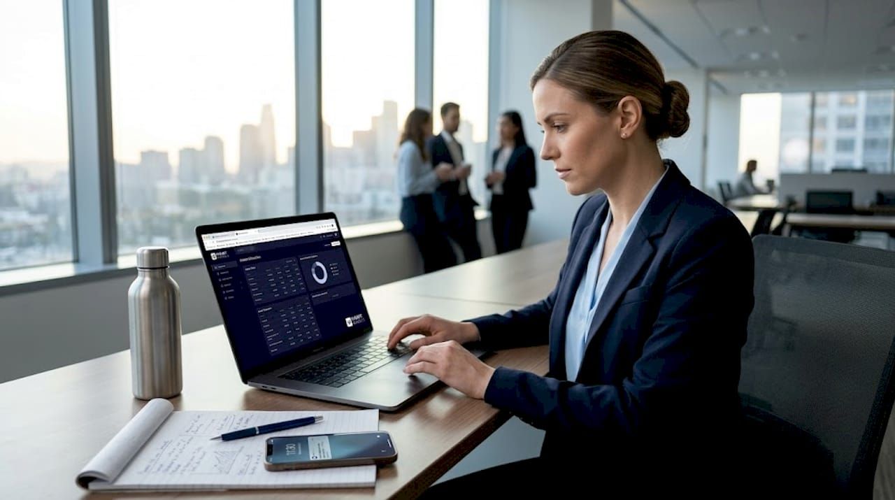Woman rebalancing investment portfolio at office