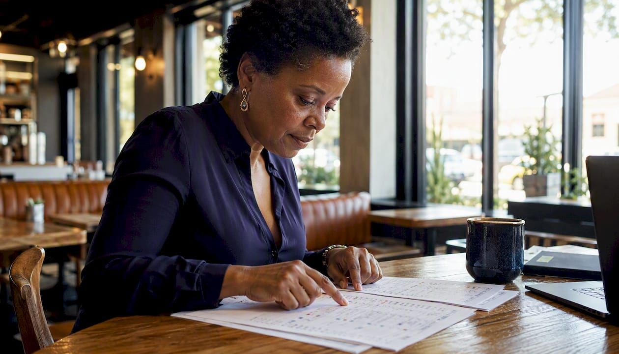 Woman reviewing printed stock alert lists