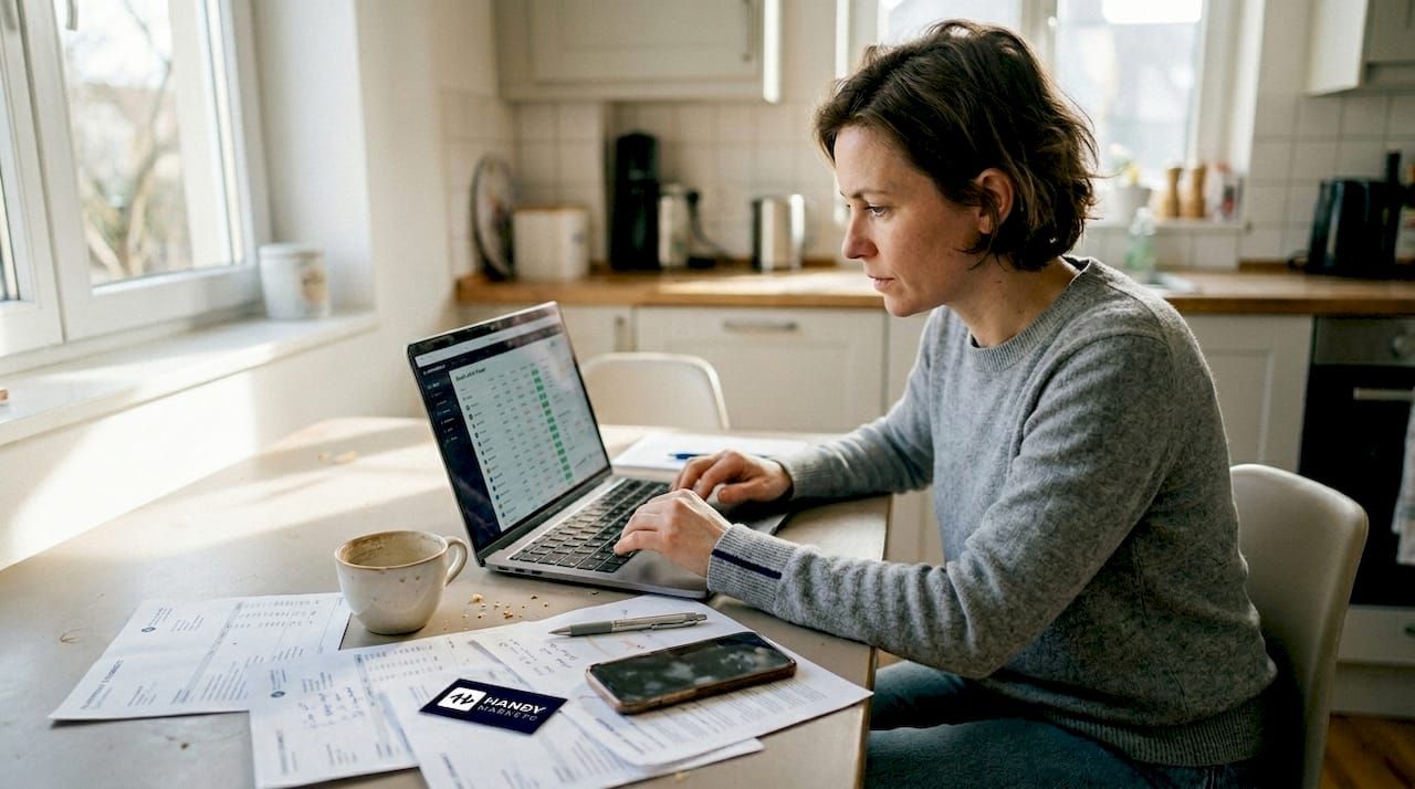 Woman reviews global investments at kitchen table