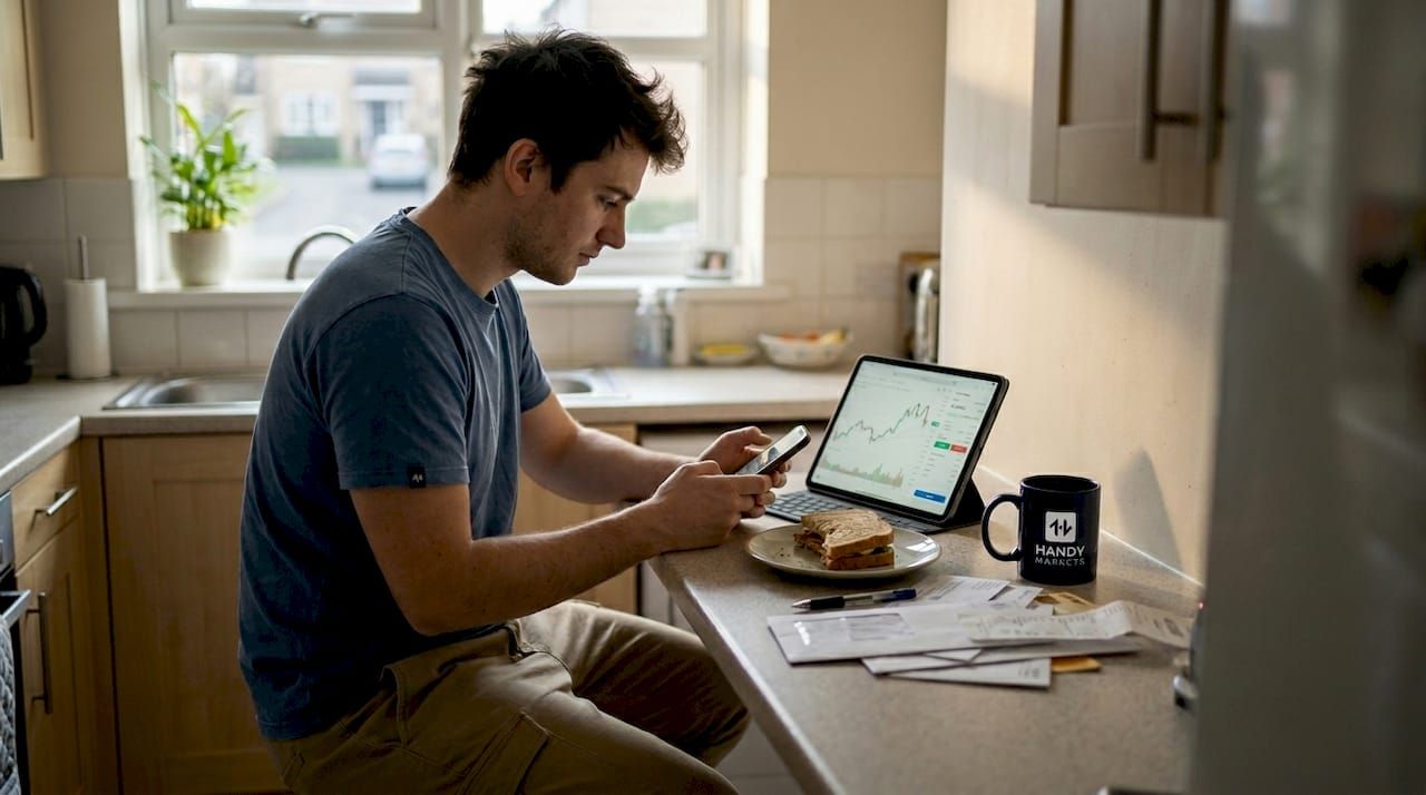Young man checking crypto portfolio at kitchen counter